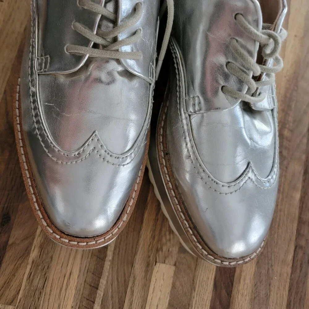 Zara Basic Platform Metallic Silver Mirror Oxfor Brogues Lace Up Shoes